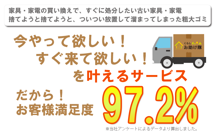 粗大ごみの処分を今やって欲しい！すぐ来て欲しい！を叶えるサービズ！だからお客様満足度97.2%!